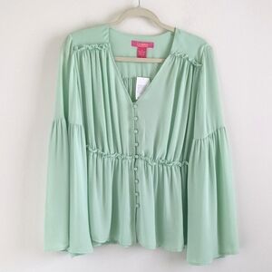 CATHERINE Mint Button Up V Neck Peplum Blouse M